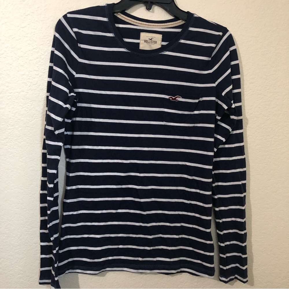 Hollister Blue White Nautical Crewneck Long Sleeve T-Shirt Pullover